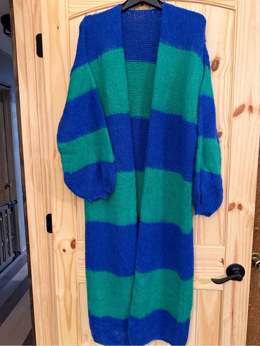 Super soft Blue & Green Striped Open-Front Womens Sweater Cardigan